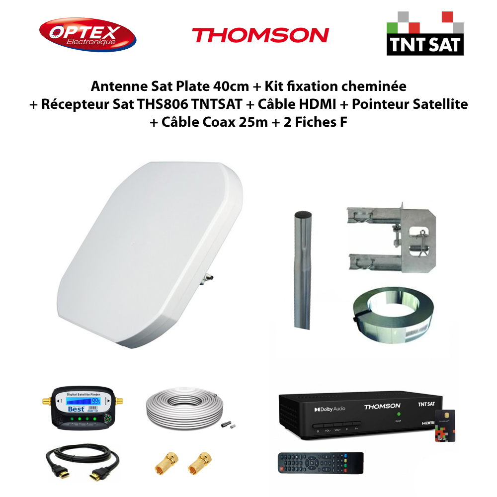 Antenne Sat Plate 40cm + Kit fixation chemine + Rcepteur Sat THS806 TNTSAT + Cble HDMI + Pointeur + Cble Coax 25m + 2 Fiches F